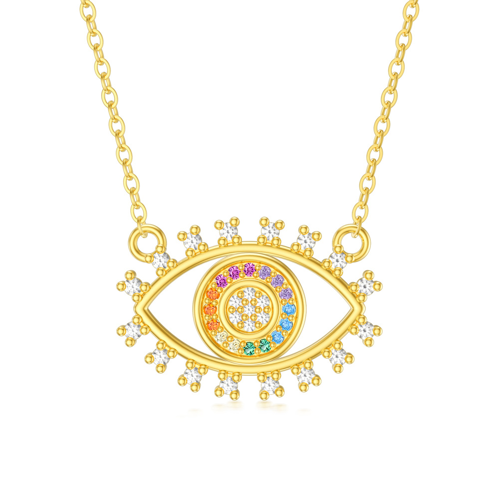 10K Gold Round Cubic Zirconia Rainbow Pendant Necklace-1