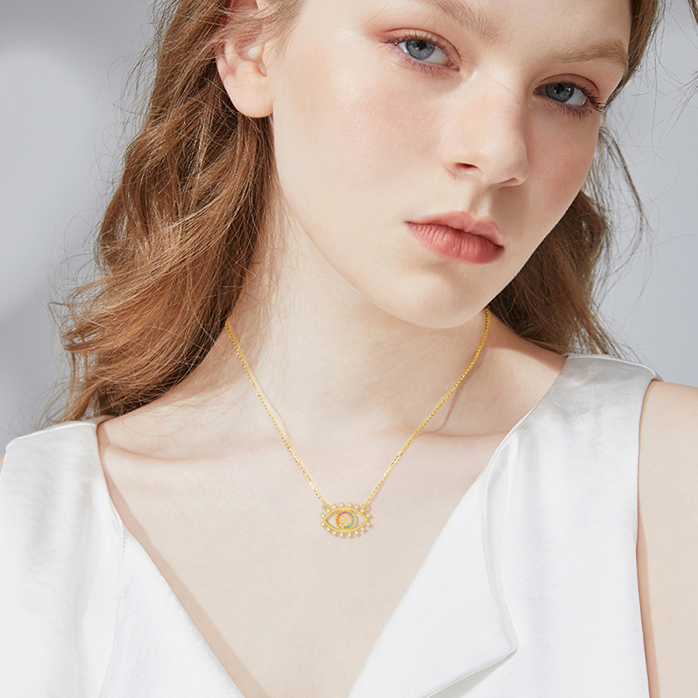 10K Gold Round Cubic Zirconia Rainbow Pendant Necklace-2