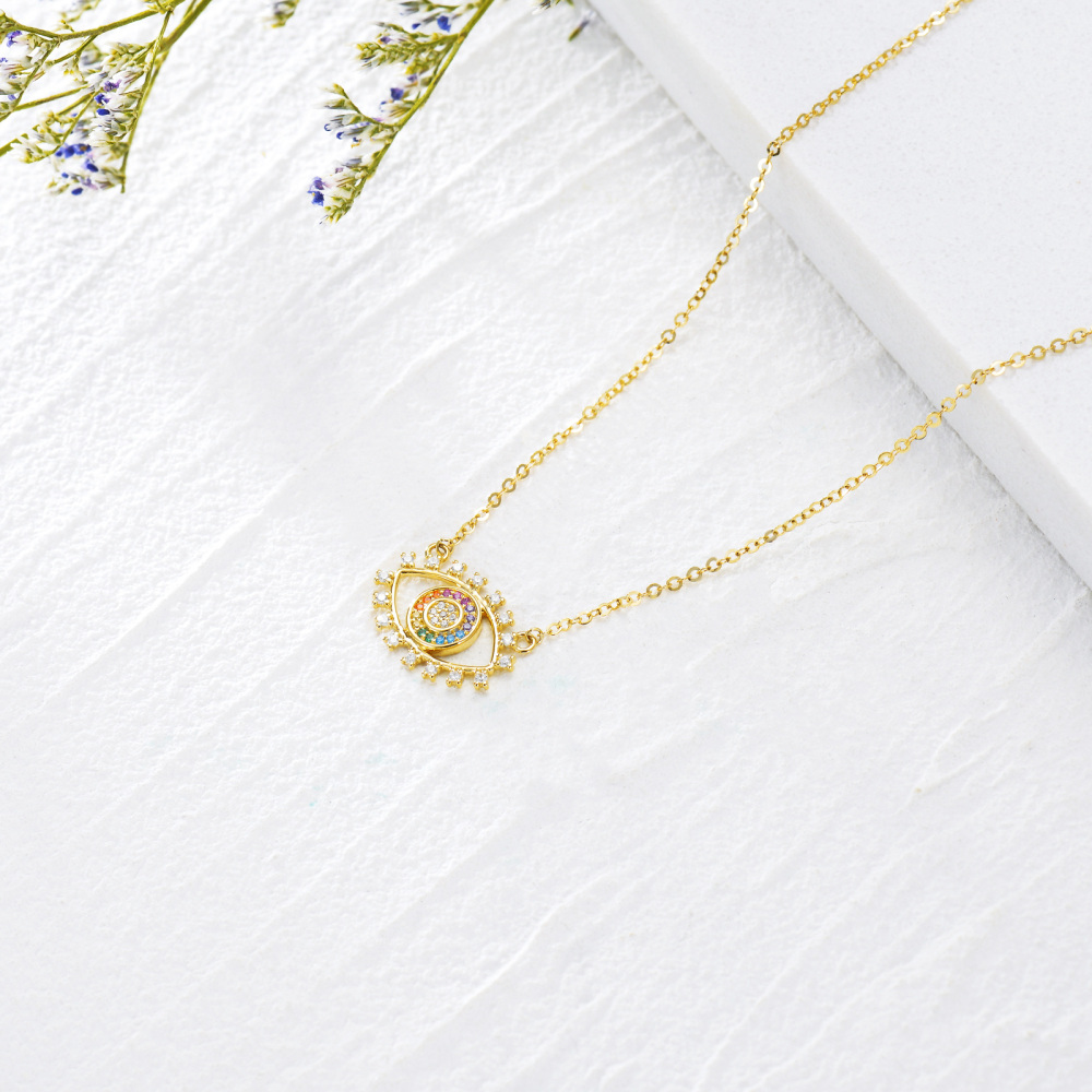 10K Gold Round Cubic Zirconia Rainbow Pendant Necklace-3