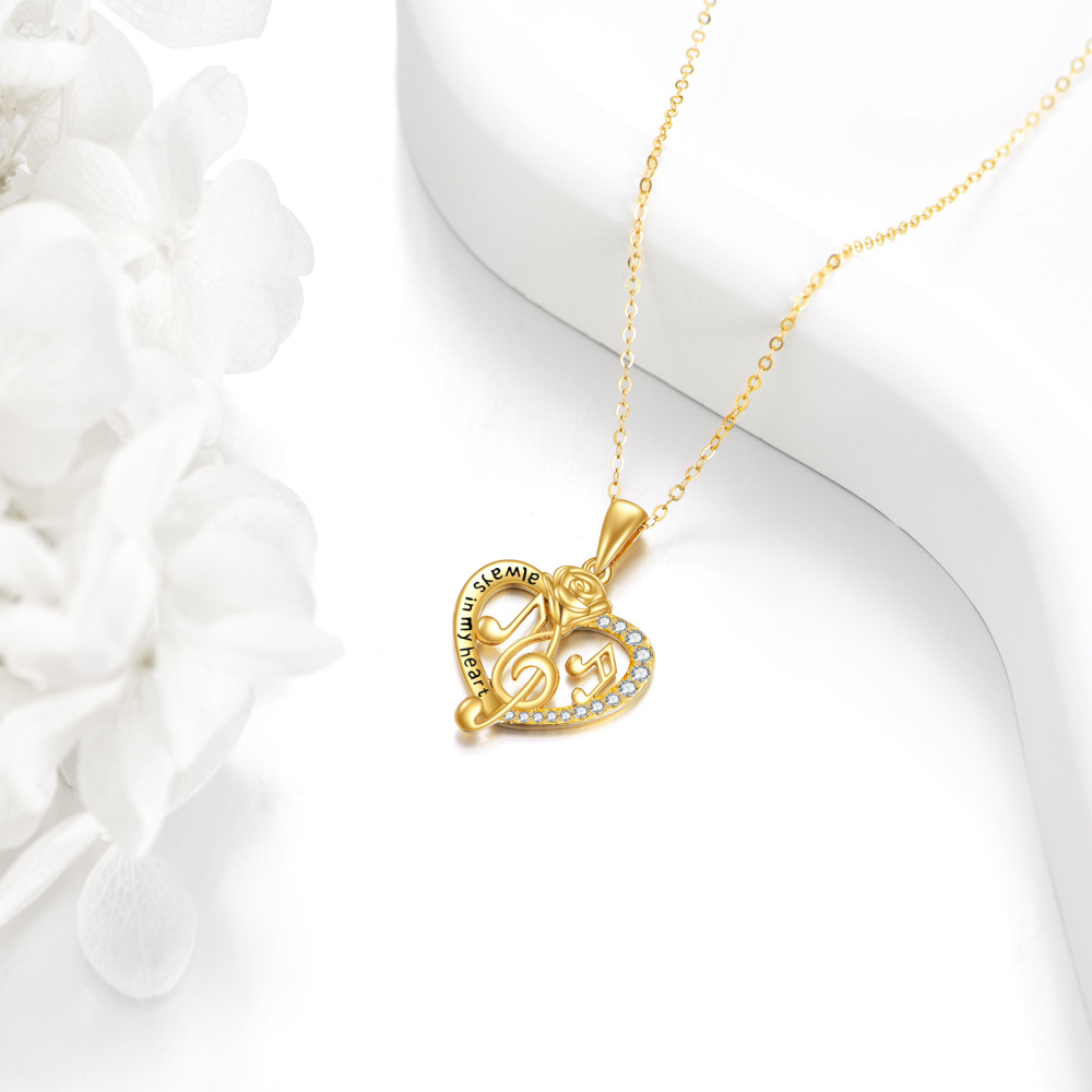 10K Gold Round Cubic Zirconia Rose & Heart & Music Symbol Pendant Necklace with Engraved Word-3