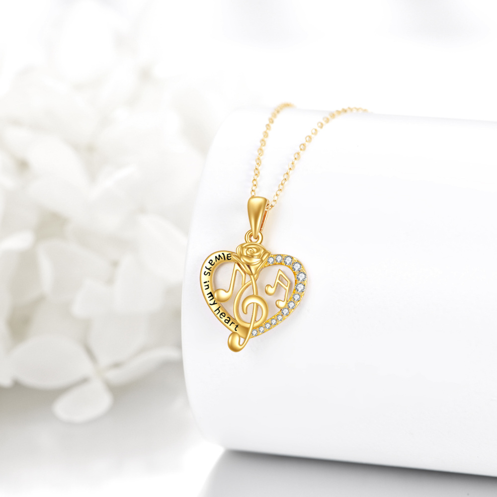 10K Gold Round Cubic Zirconia Rose & Heart & Music Symbol Pendant Necklace with Engraved Word-4