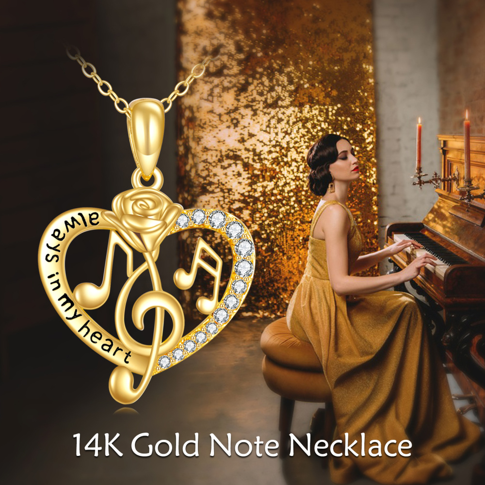 10K Gold Round Cubic Zirconia Rose & Heart & Music Symbol Pendant Necklace with Engraved Word-6