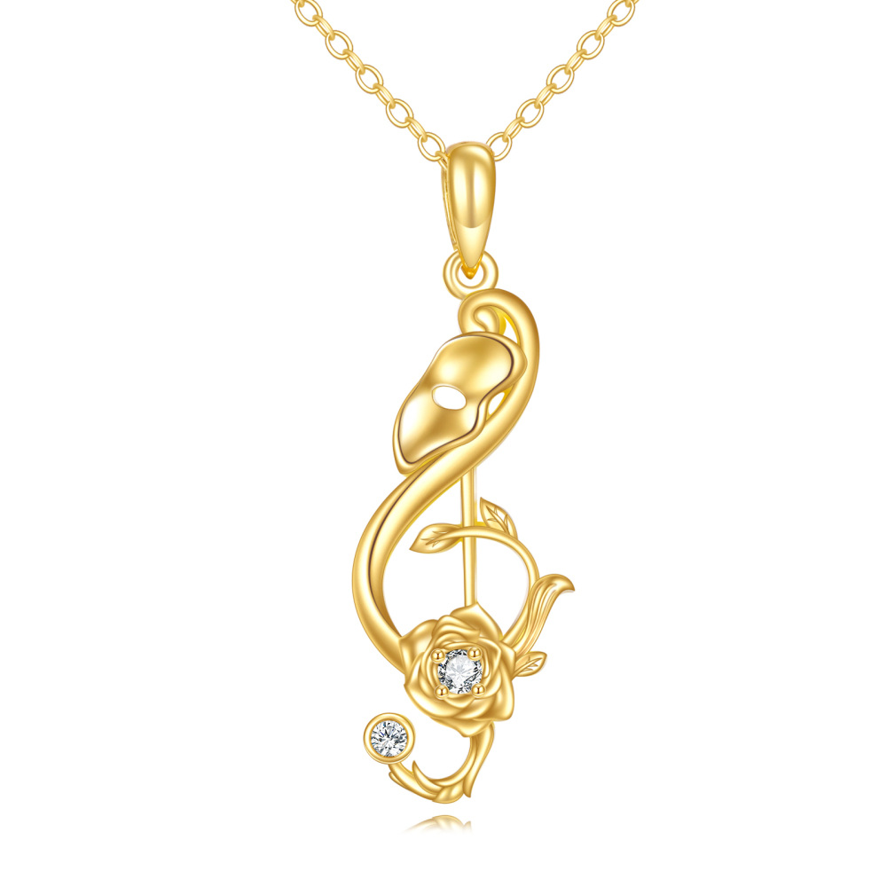 10K Gold Round Cubic Zirconia Rose & Music Symbol Pendant Necklace-1