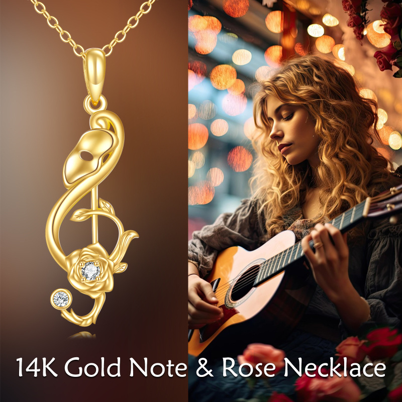 10K White Gold Round Cut Cubic Zirconia Rose & Music Symbol Pendant Necklace-6