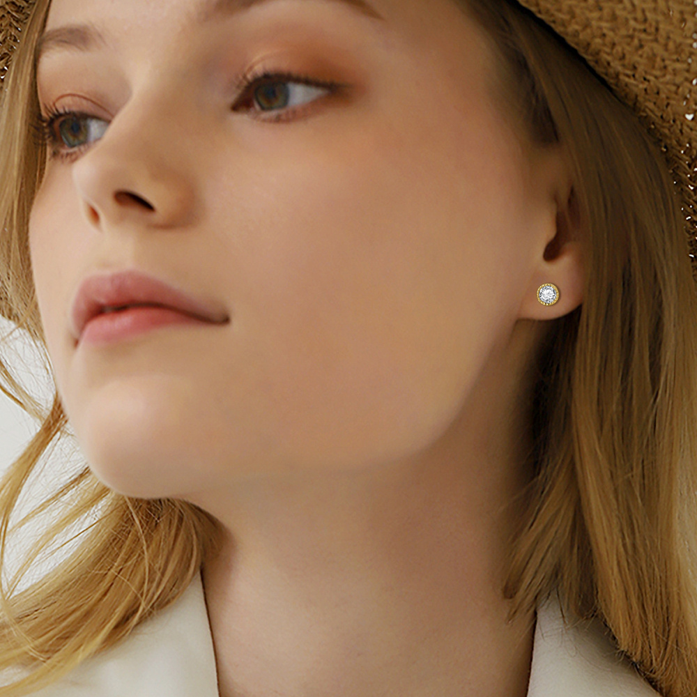 10K Gold Cubic Zirconia Round Stud Earrings-2