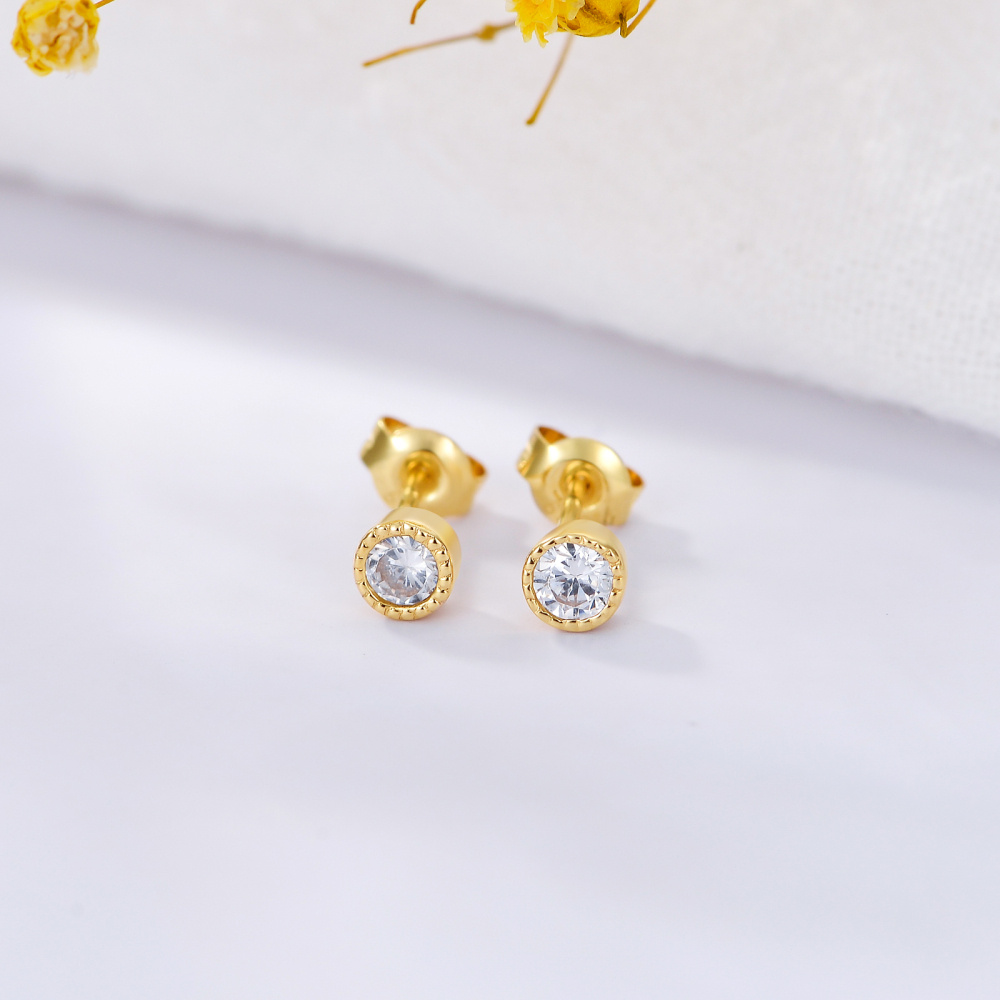 10K Gold Cubic Zirconia Round Stud Earrings-3