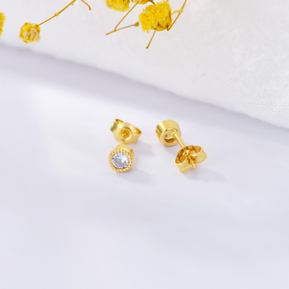 10K Gold Cubic Zirconia Round Stud Earrings-4