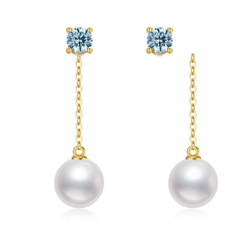 Boucles d'oreilles pendantes en or 14 carats avec topaze ronde et perles pour femmes, meilleurs amis