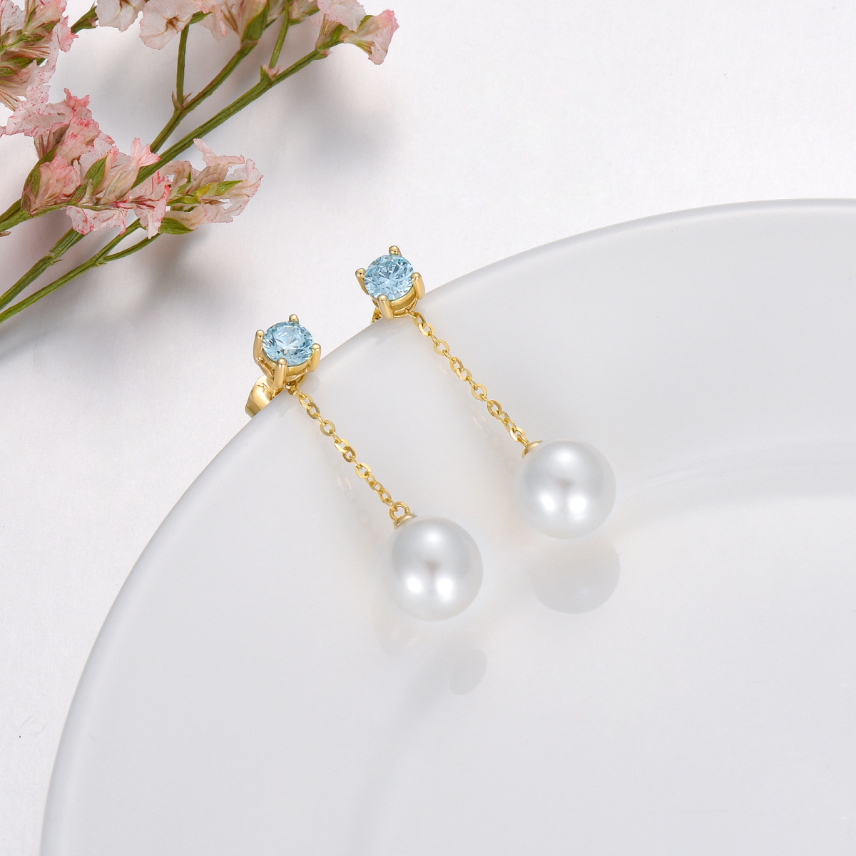 Boucles d'oreilles pendantes en or 14 carats avec topaze ronde et perles pour femmes, meilleurs amis-4