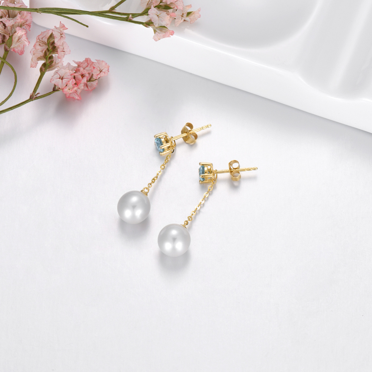 Boucles d'oreilles pendantes en or 14 carats avec topaze ronde et perles pour femmes, meilleurs amis-5