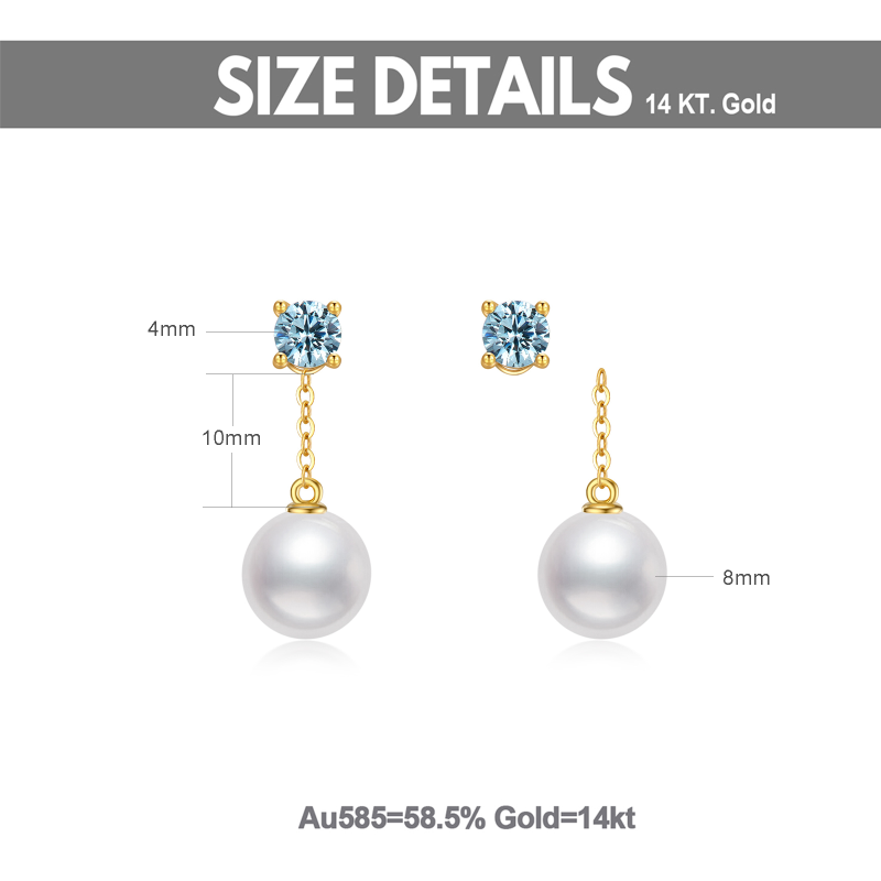 Pendientes colgantes redondos de oro blanco de 10 quilates con topacio de talla redonda y perla-6