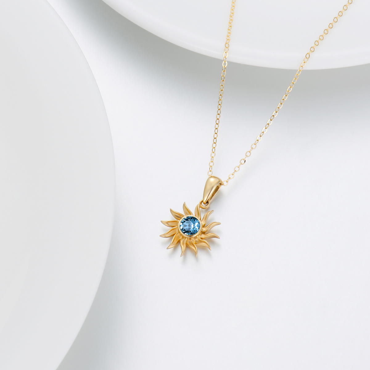 14K Gold Round Topaz Sun Pendant Necklace-3