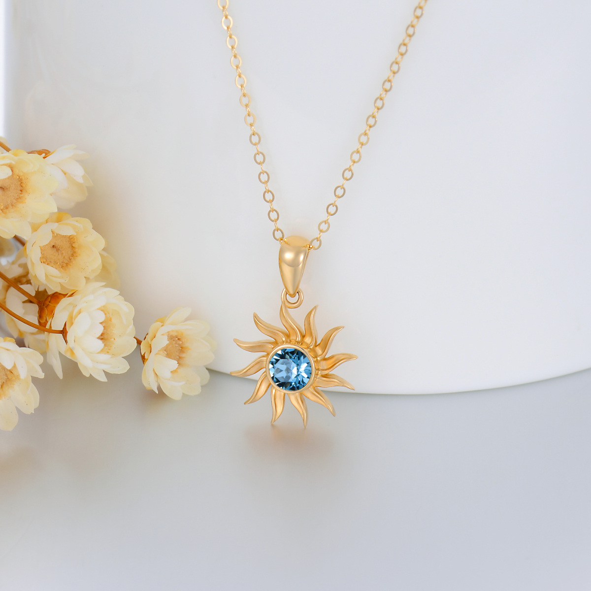 14K Gold Round Topaz Sun Pendant Necklace-4