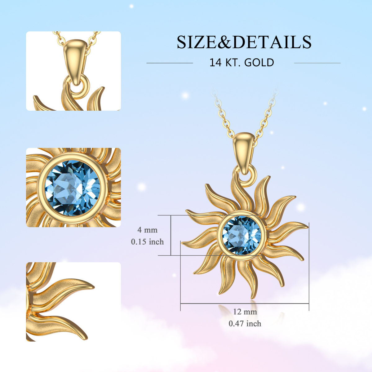 14K Gold Round Topaz Sun Pendant Necklace-5