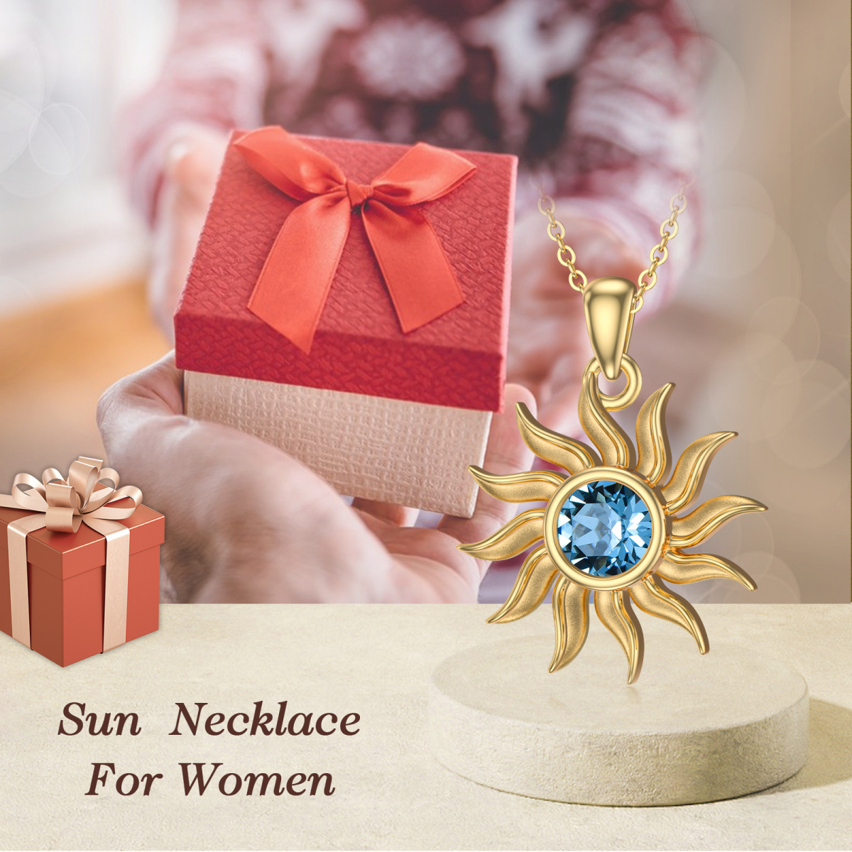 14K Gold Round Topaz Sun Pendant Necklace-6