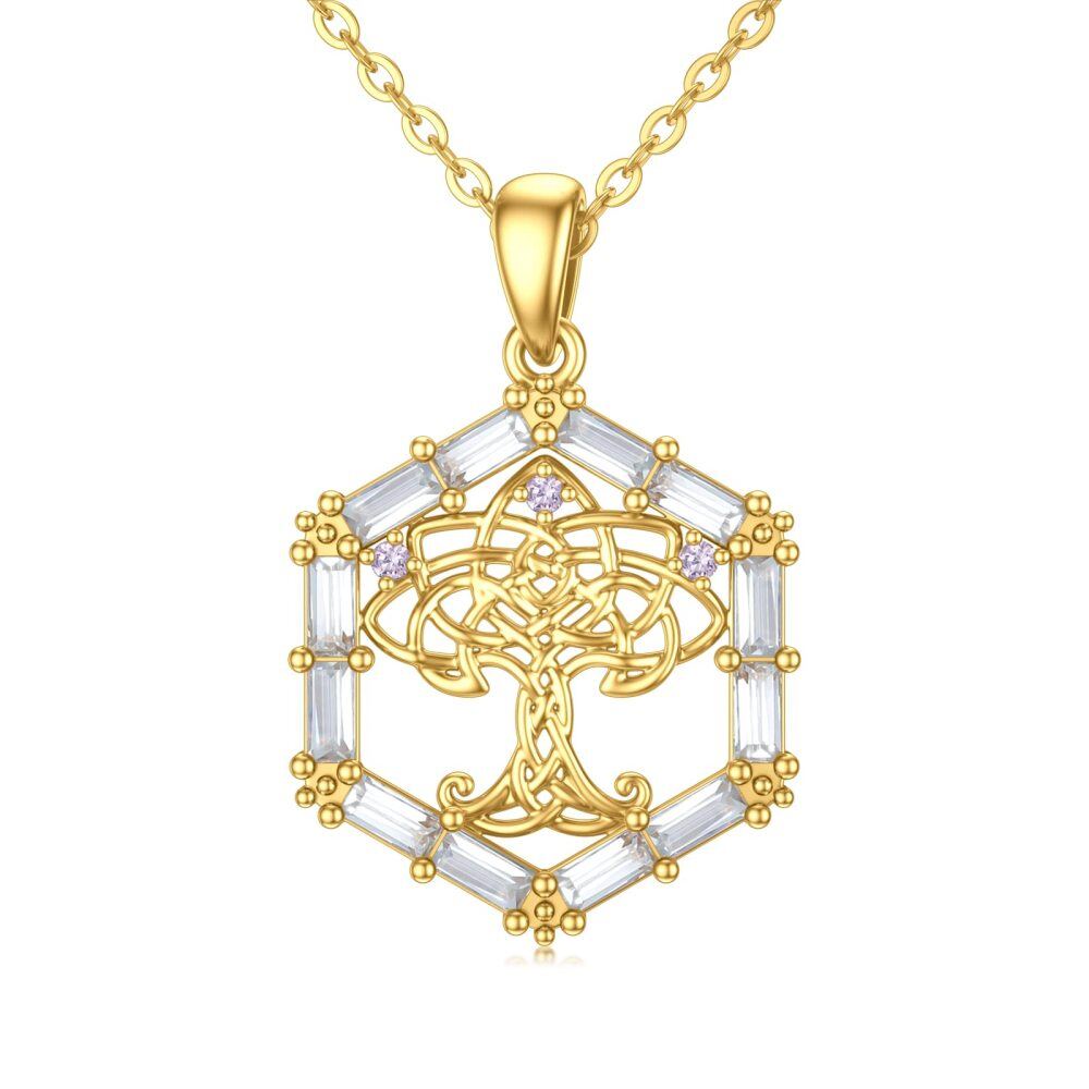 9K Gold Round Cubic Zirconia Tree Of Life & Celtic Knot Pendant Necklace-1