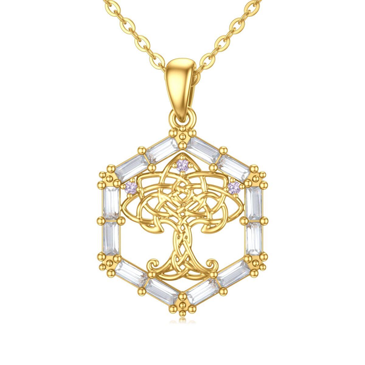 14K Gold Round Cubic Zirconia Tree Of Life & Celtic Knot Pendant Necklace-1