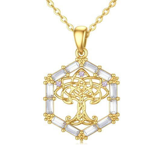 9K Gold Round Cubic Zirconia Tree Of Life & Celtic Knot Pendant Necklace