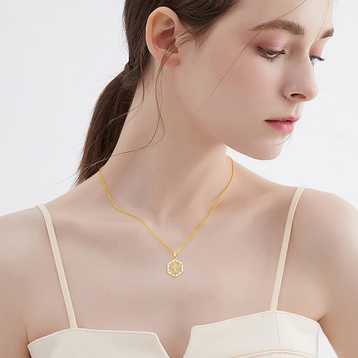 Collana con ciondolo a forma di albero della vita e nodo celtico con zirconia cubica rotonda in oro 9K-2