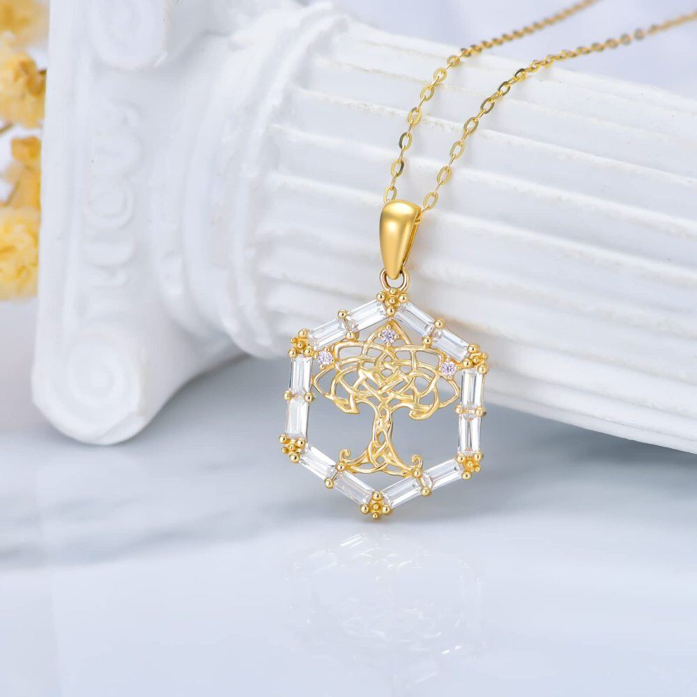 9K Gold Round Cubic Zirconia Tree Of Life & Celtic Knot Pendant Necklace-4
