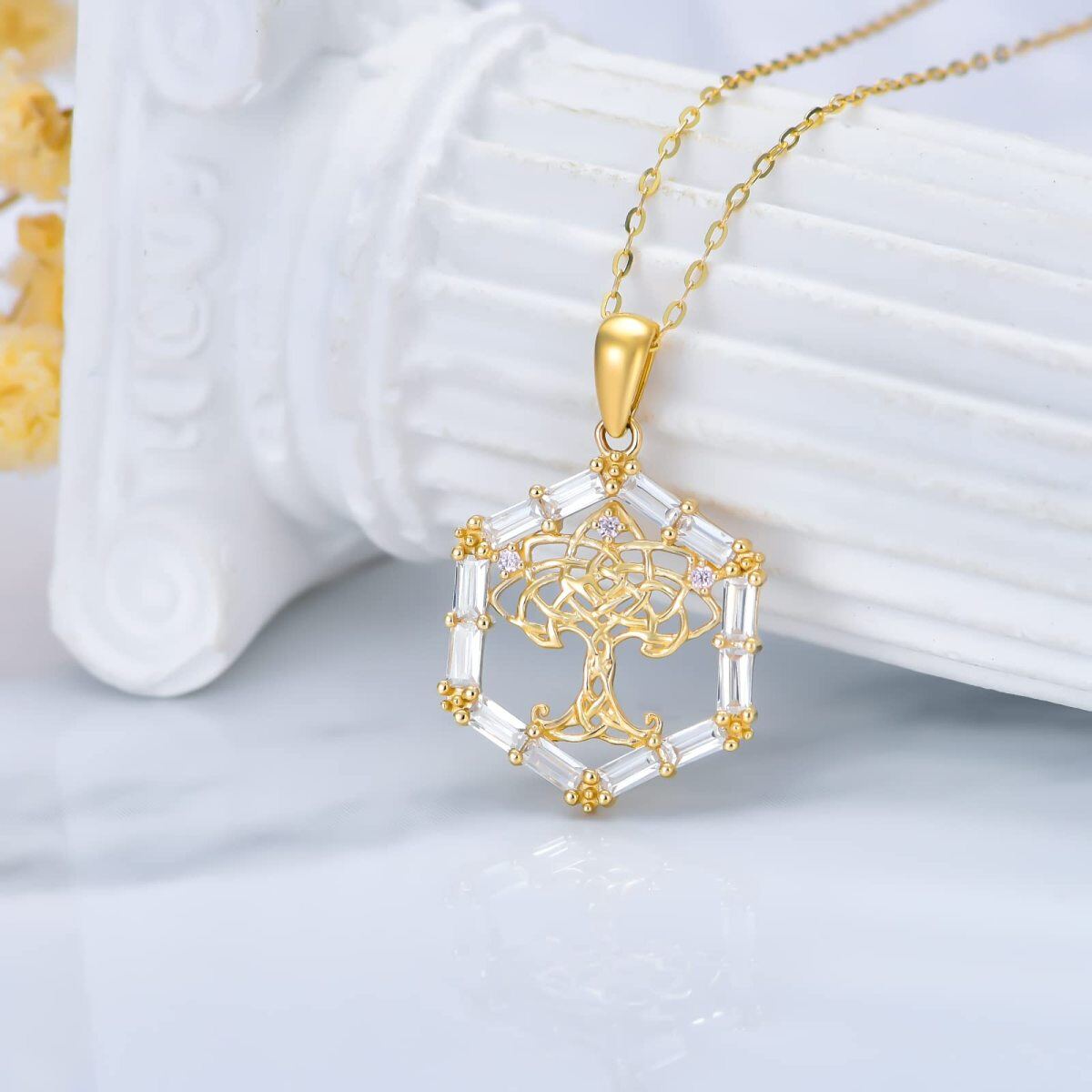 Collana con ciondolo a forma di albero della vita e nodo celtico con zirconia cubica rotonda in oro 9K-4