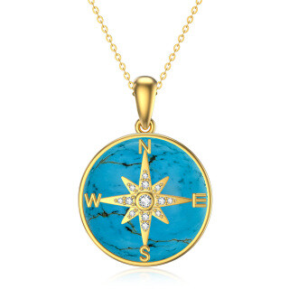 10K Gold Round Turquoise Compass Pendant Necklace-38