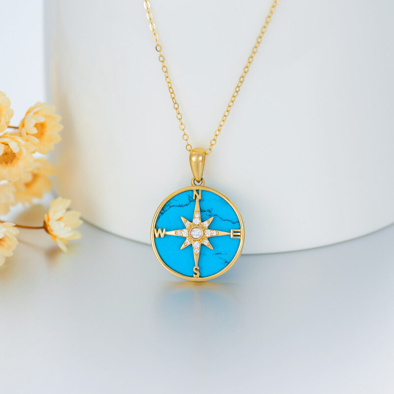 10K Gold Round Turquoise Compass Pendant Necklace-3
