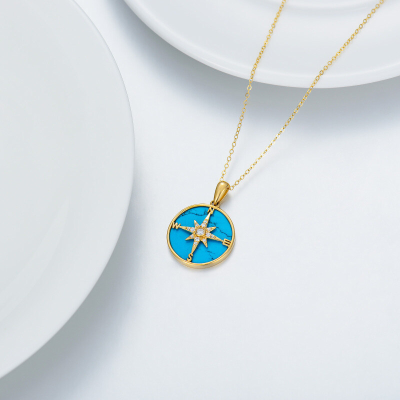 10K Gold Round Turquoise Compass Pendant Necklace-4