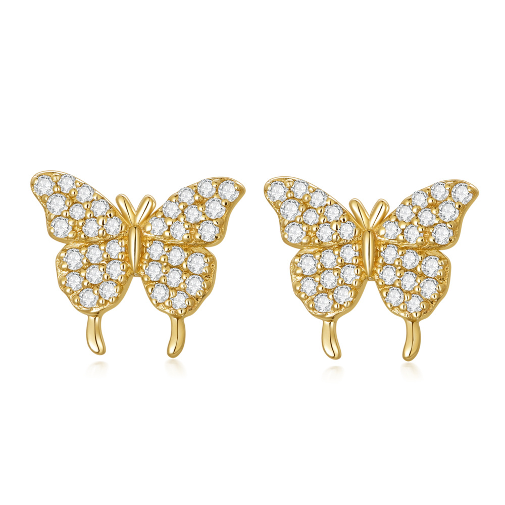 Sterling Silver with Yellow Gold Plated Round Cut Cubic Zirconia Butterfly Stud Earrings-1