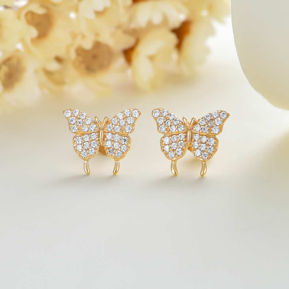Sterling Silver with Yellow Gold Plated Round Cut Cubic Zirconia Butterfly Stud Earrings-3