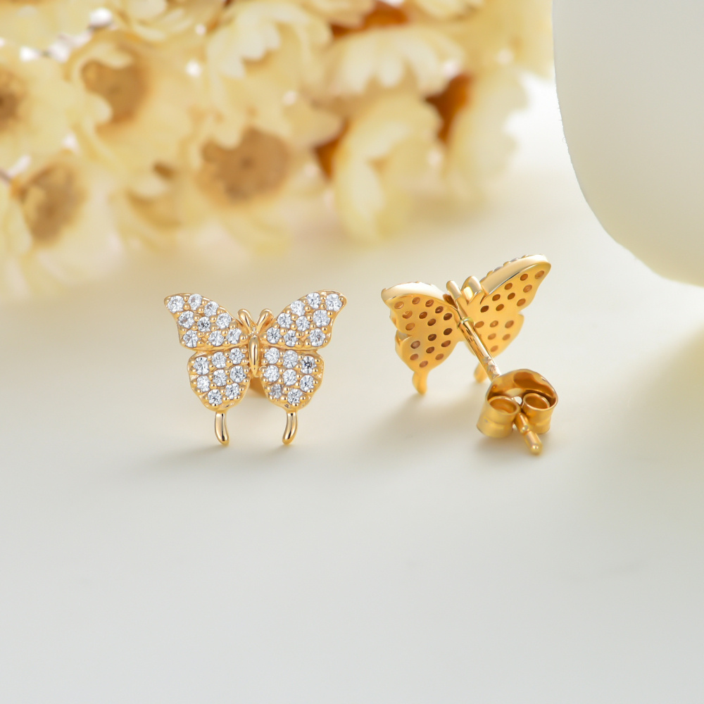 Sterling Silver with Yellow Gold Plated Round Cut Cubic Zirconia Butterfly Stud Earrings-4