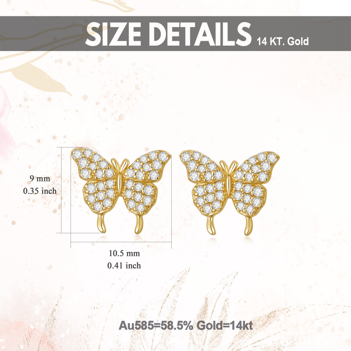 10K Gold Round Zircon Butterfly Stud Earrings-5