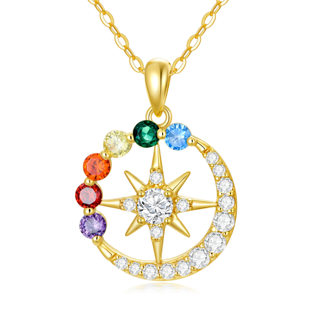 10K Gold Round Zircon Chakras Moon Sun Pendant Necklace For Women-1