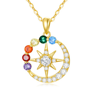 14K Gold Round Zircon Chakras Moon Sun Pendant Necklace For Women-5