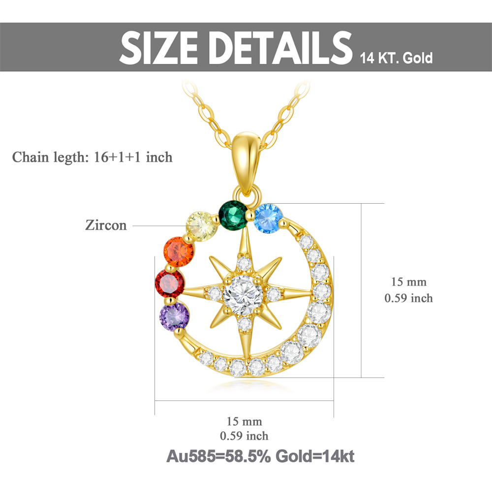 10K Gold Round Zircon Chakras Moon Sun Pendant Necklace For Women-2