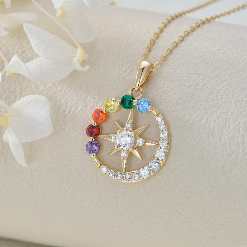 10K White Gold Round Cut Cubic Zirconia Chakras & Moon & Sun Pendant Necklace-4