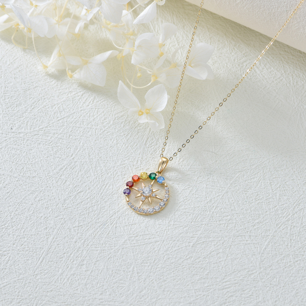 10K Gold Round Zircon Chakras Moon Sun Pendant Necklace For Women-5