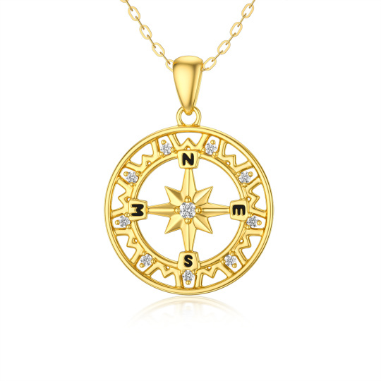 14K Gold Round Zircon Compass Pendant Necklace