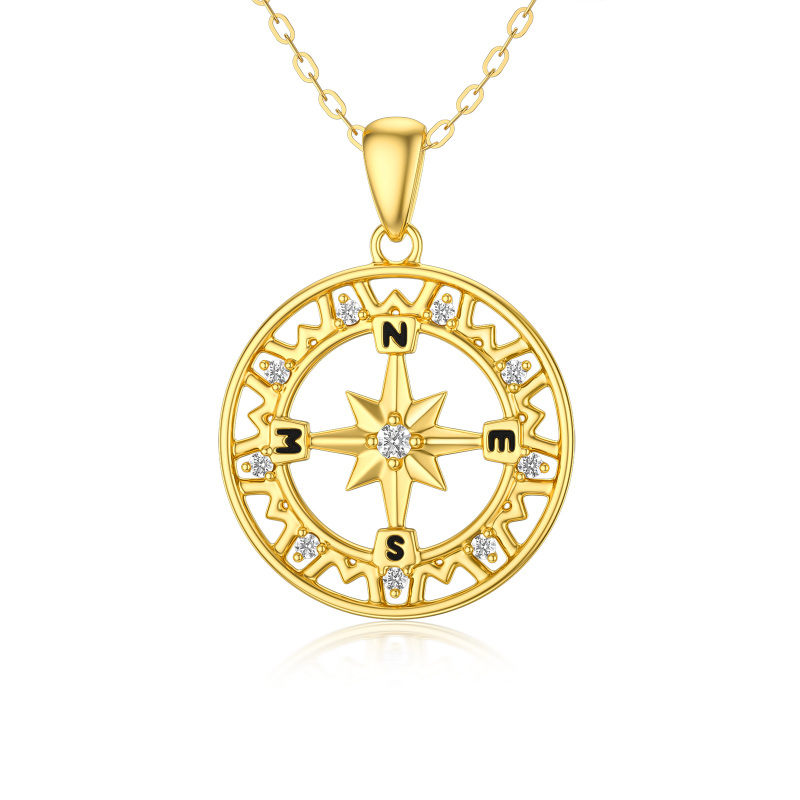 10K Gold Round Zircon Compass Pendant Necklace-18