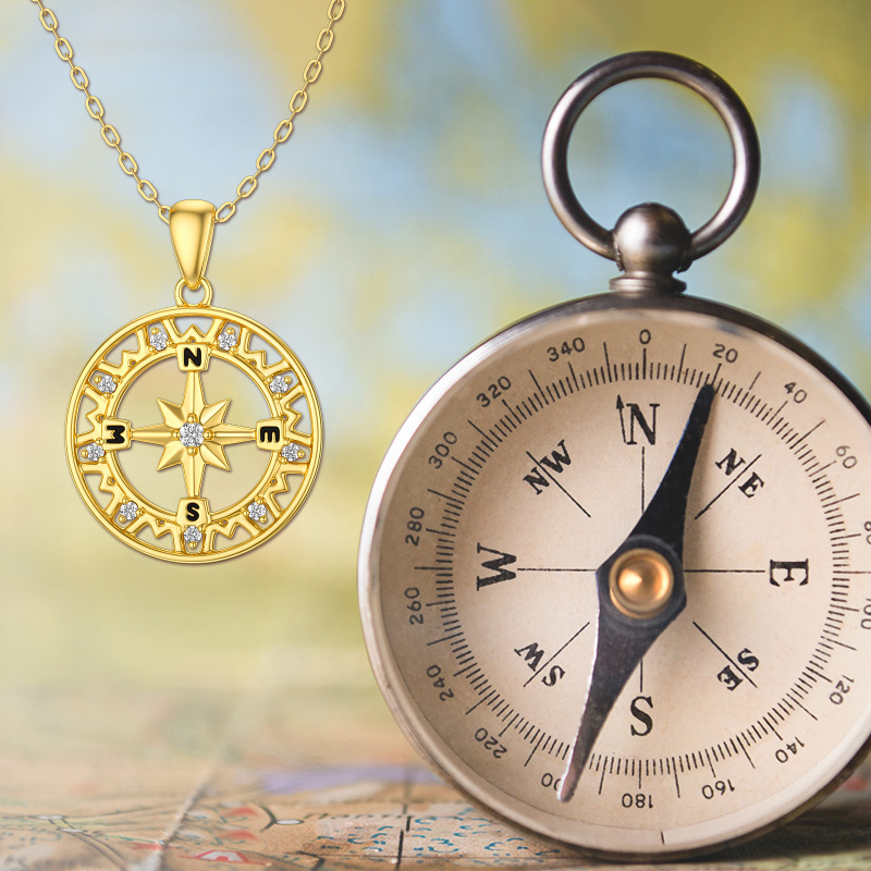 Kompass-Anhänger-Halskette aus 10-karätigem Weißgold mit rundem Zirkonia-5