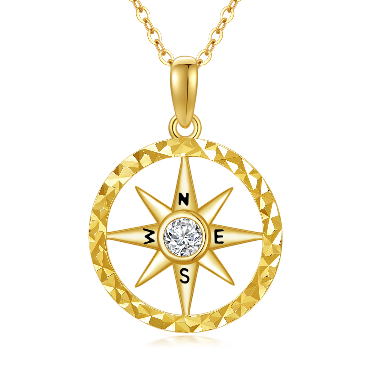 Collana con ciondolo a bussola con zircone rotondo in oro 14K-1