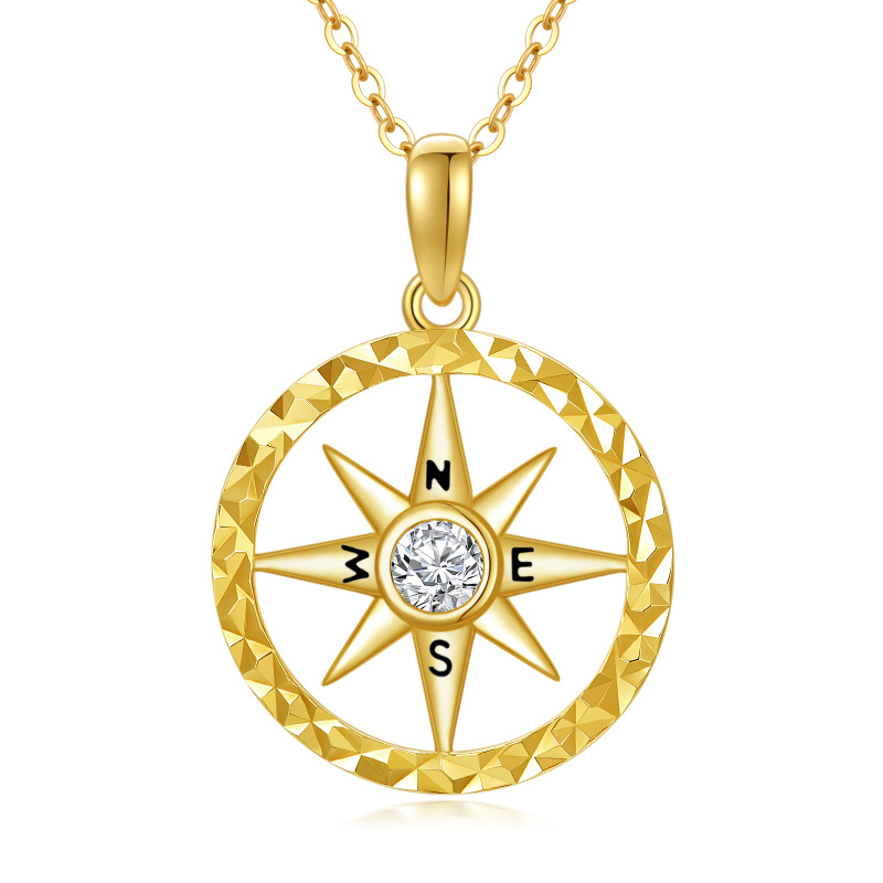 10K Gold Round Zircon Compass Pendant Necklace-7
