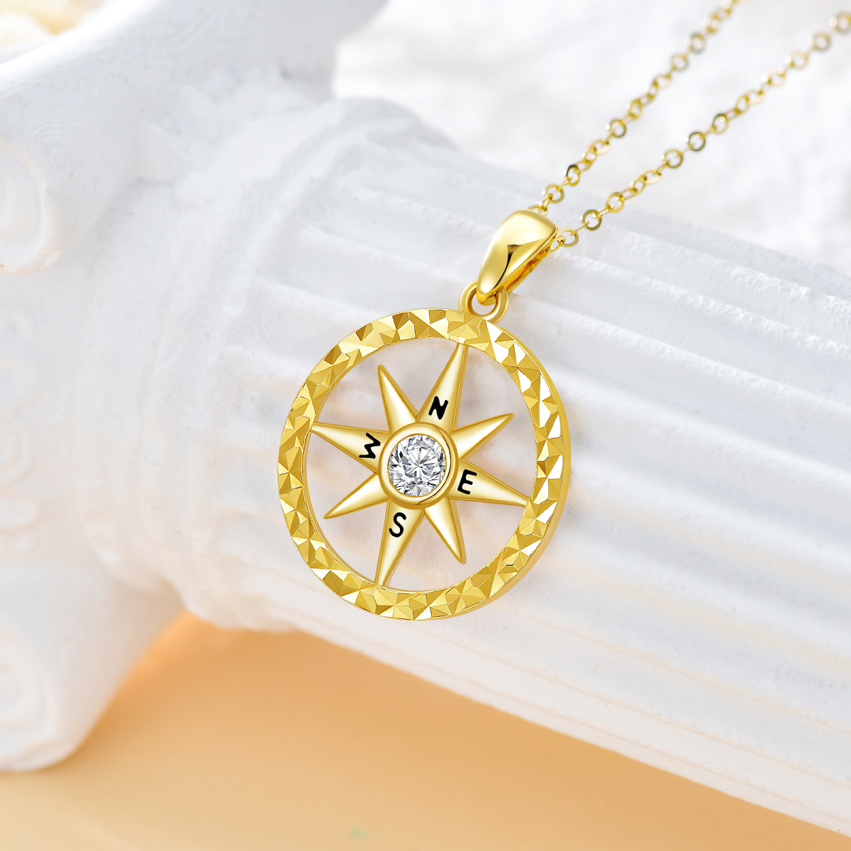 18K Gold Round Zircon Compass Pendant Necklace-3