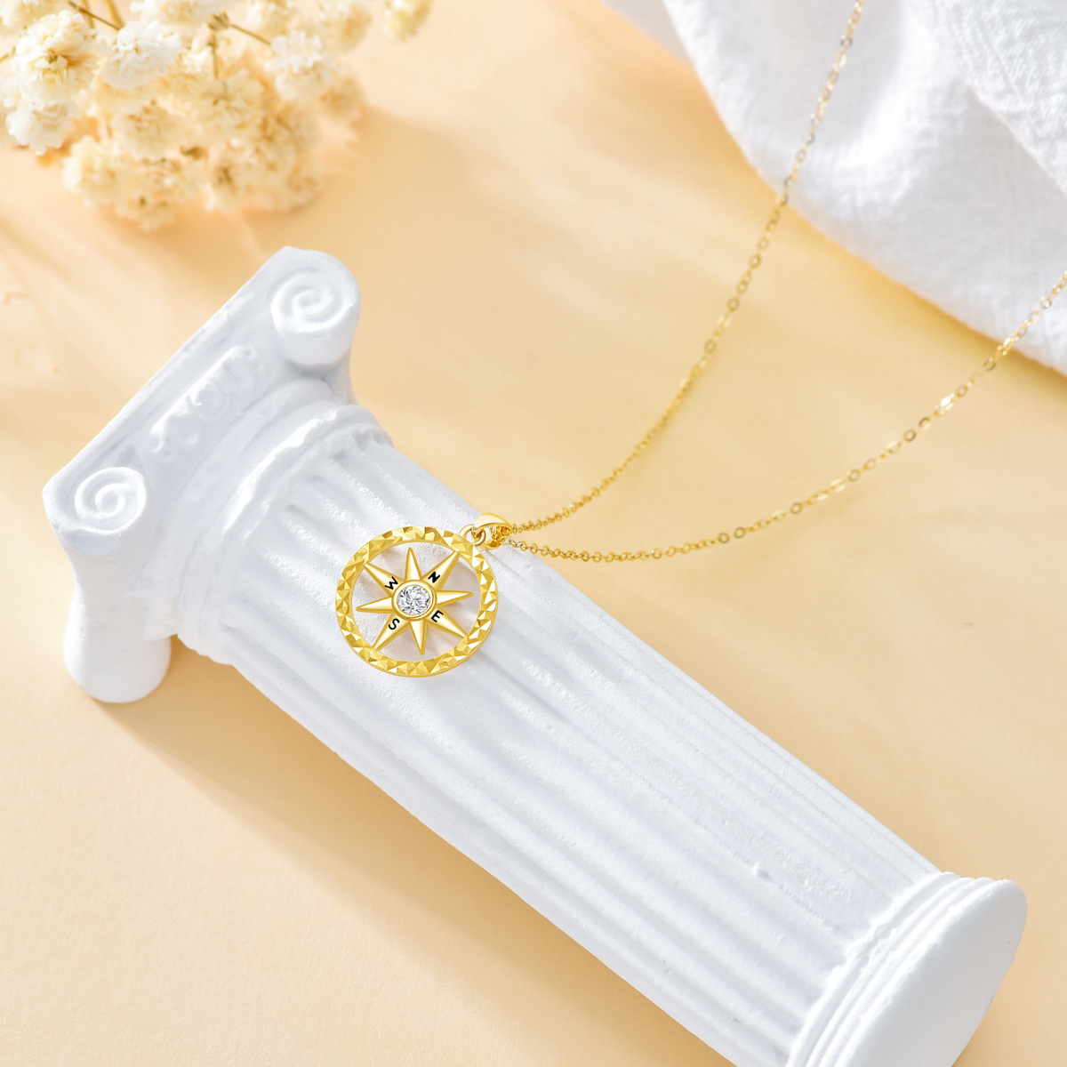 18K Gold Round Zircon Compass Pendant Necklace-4