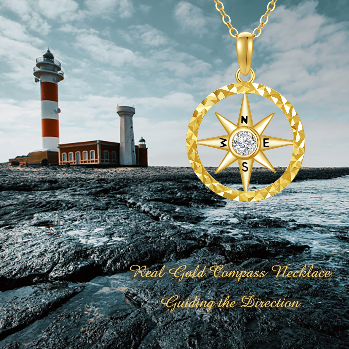 18K Gold Round Zircon Compass Pendant Necklace-6