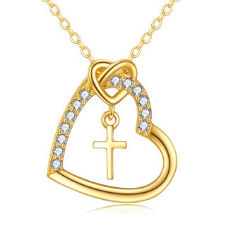 10K Gold Round Zircon Cross & Heart Pendant Necklace-36