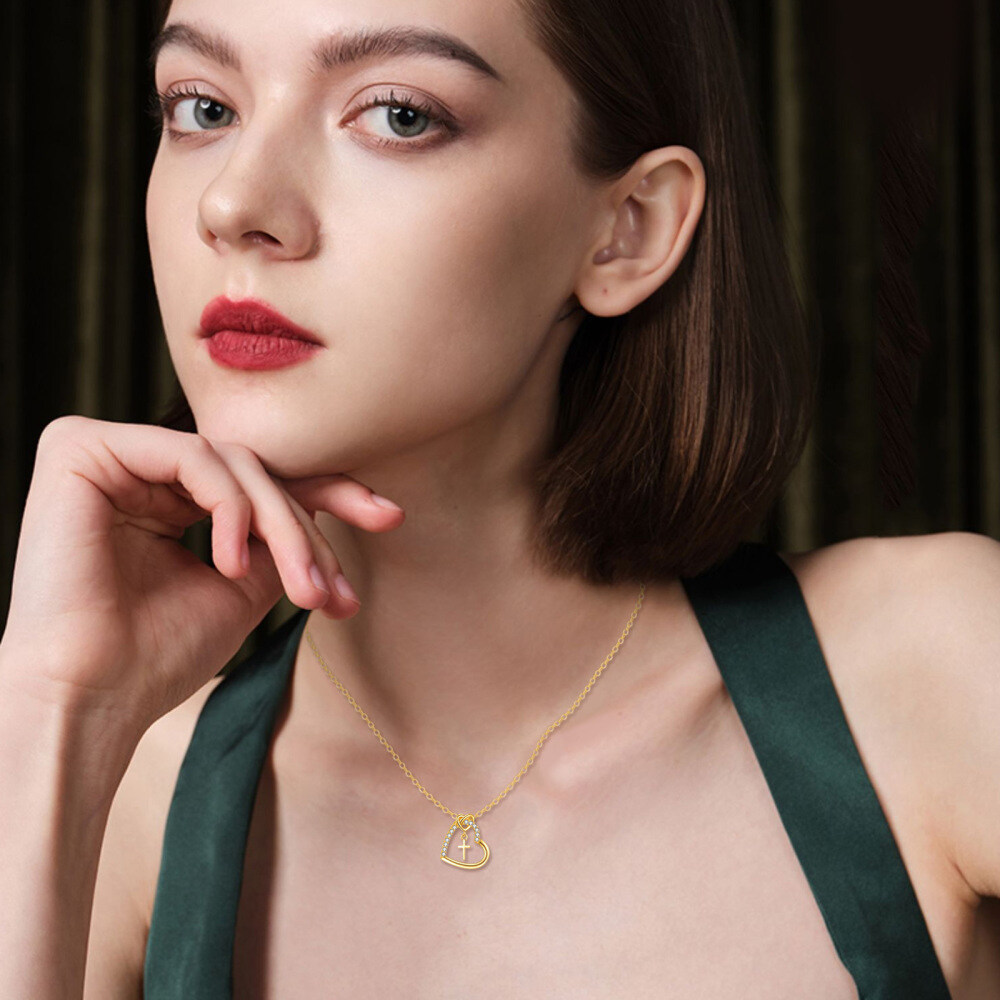 10K Gold Round Zircon Cross & Heart Pendant Necklace-2