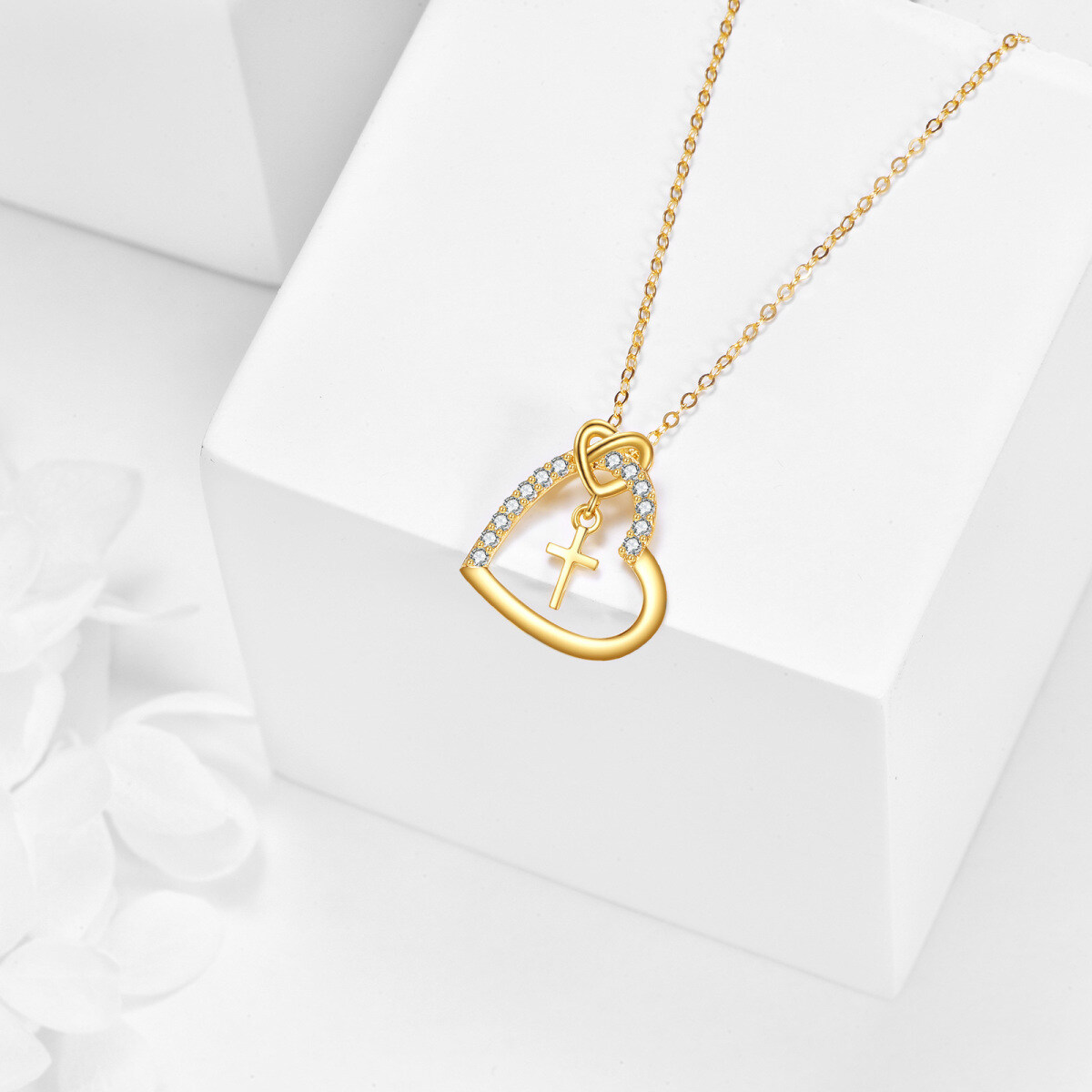 14K Gold Round Zircon Cross & Heart Pendant Necklace-3