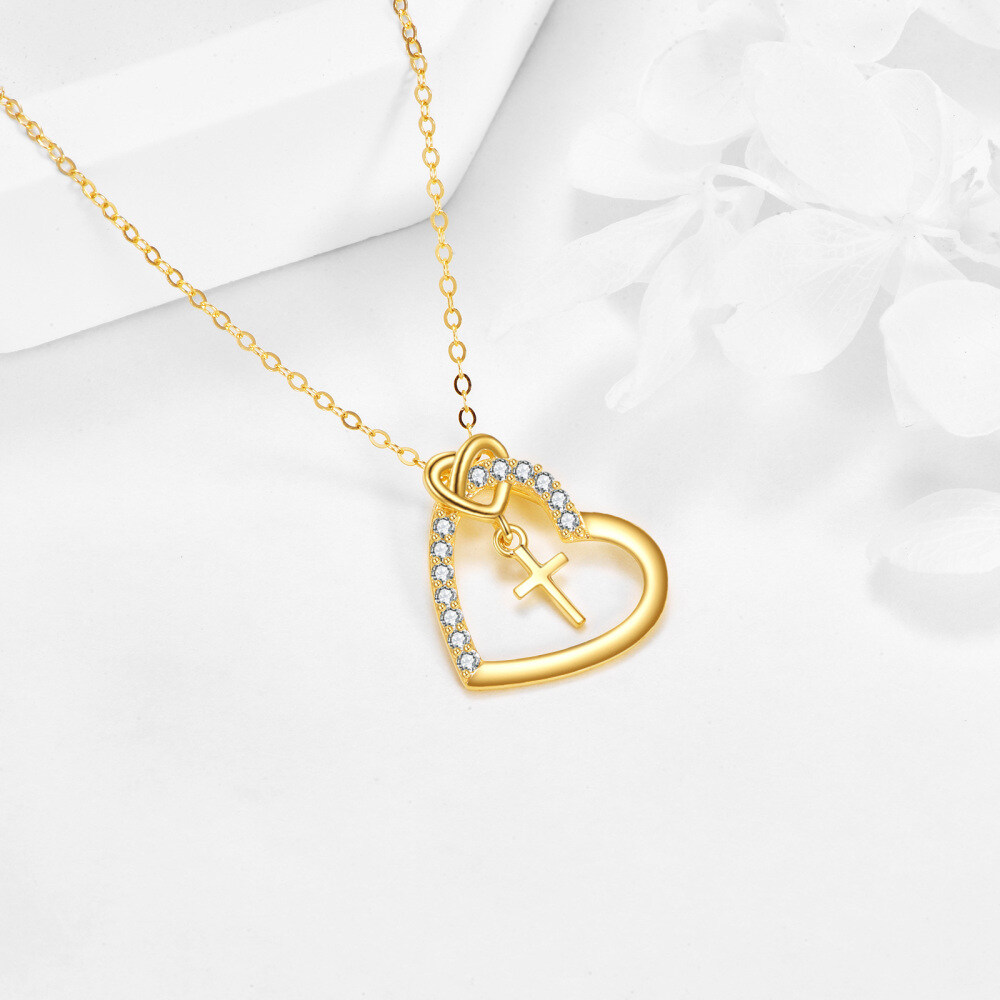10K Gold Round Zircon Cross & Heart Pendant Necklace-4