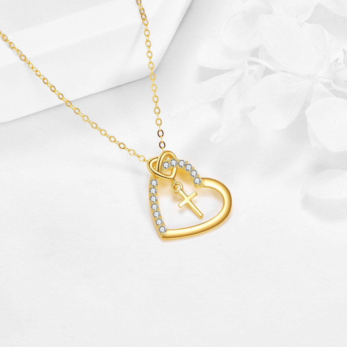 14K Gold Round Zircon Cross & Heart Pendant Necklace-4